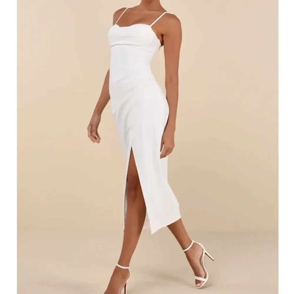 Lulus NWOT White Always Turning Heads Bustier Tulip Sweetheart Midi Dress Large - Picture 2 of 10